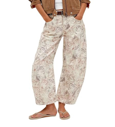 chouyatou Women's Y2k Baggy Wide Leg Denim Pants Boho Floral Printed Boyfriend Barrel Jeans with Pockets (X-Small, Cat) | Amazon (US)