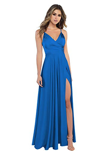 LIKESEEDD Spaghetti Strap Satin Bridesmaid Dress with Slit Blue V Neck Formal Wedding Guest Dress with Slit Size 12 | Amazon (US)