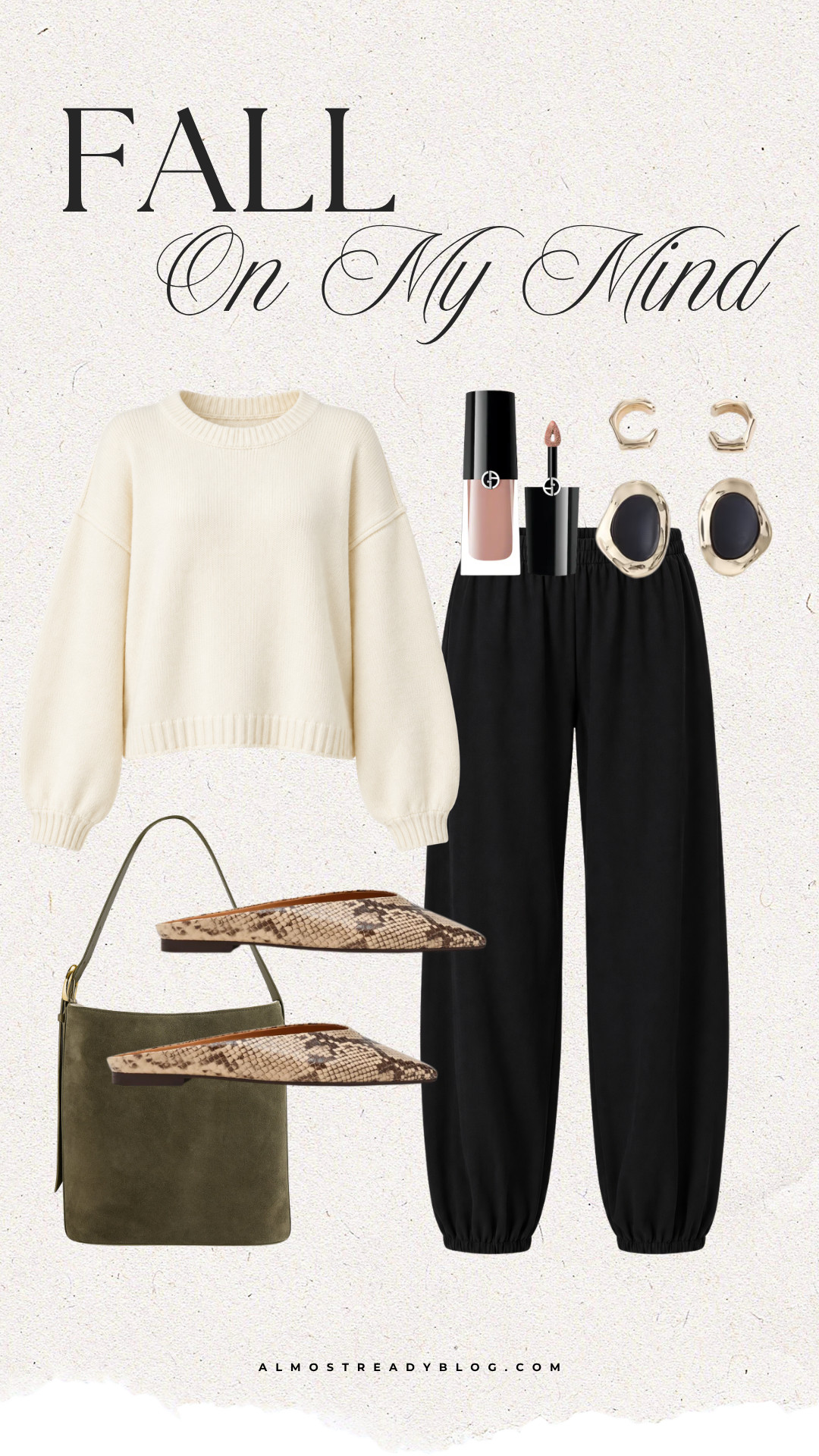 An easy fall outfit with a cozy cream sweater, relaxed black pants, snake-print flats, and an olive bag.

fall outfit ideas, casual fall outfit, chic fall outfit, cream sweater outfit, black pants outfit, snake print flats, fall capsule wardrobe, neutral fall style, everyday fall outfit, transitional fall style

#LTKootd #LTKOver40