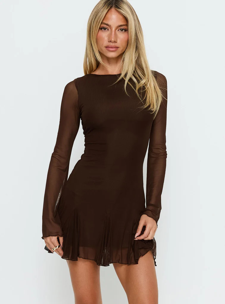 Evita Long Sleeve Pleat Mini Dress Chocolate | Princess Polly US