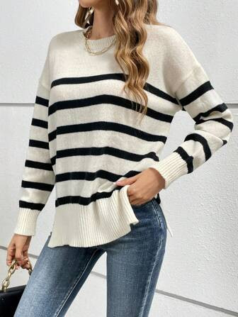 SHEIN Frenchy Striped Pattern Drop Shoulder Split Hem Sweater | SHEIN