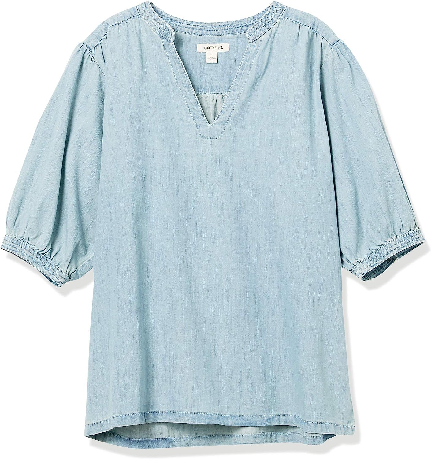 Amazon Brand - Goodthreads Women's Relaxed Fit Denim Puff Sleeve V-Neck Shirt | Amazon (US)