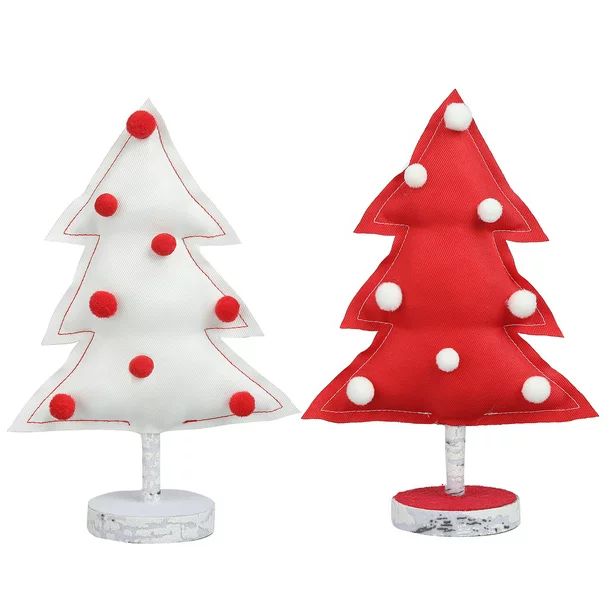 Holiday Time Small Red and White Fabric Christmas Tabletop Trees, Set of 2, 8" Tall | Walmart (US)