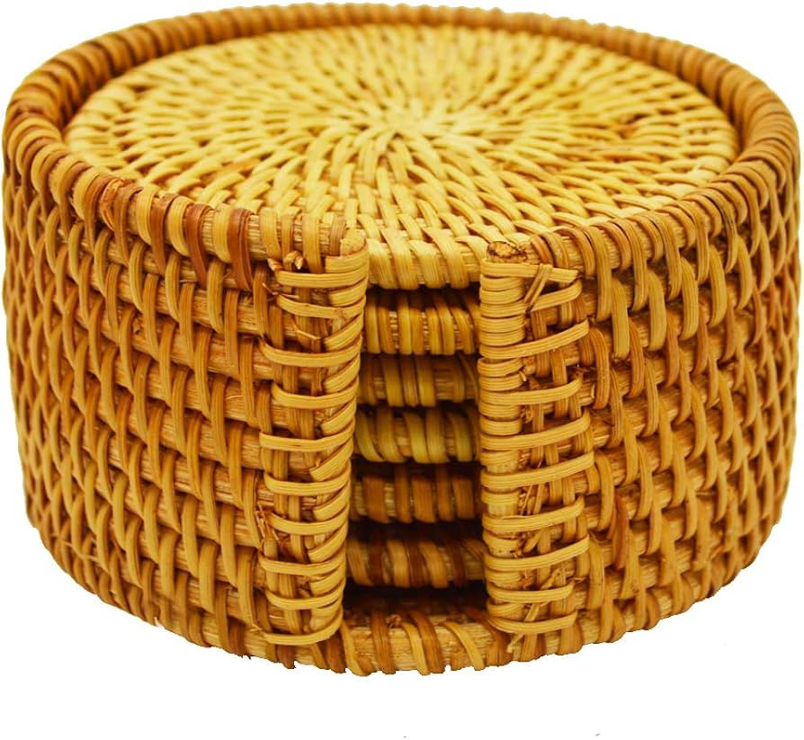 i-lan 6 Pack Real Rattan Round Woven Coasters Set with Holder for Drinks,4 Inch Wicker Round Cup ... | Amazon (US)