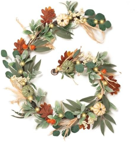 Valery Madelyn 6ft Fall Garland for Mantle with Pumpkins | Lambs Ear Leaves Garland with Lights A... | Amazon (US)