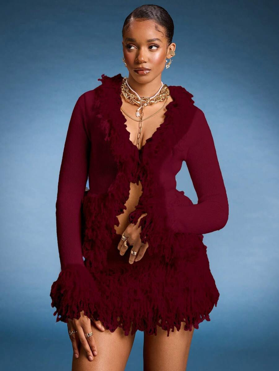 Normani Vintage Shaggy Trim Knit Cardigan Spring Y2K 90's Casual Cute Summer Holiday Summer Festi... | SHEIN