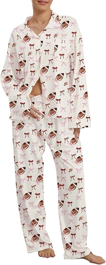Womens Football Button Down Pajamas Set Long Sleeve Football Print Shirt Wide Leg Pants 2 Piece L... | Amazon (US)