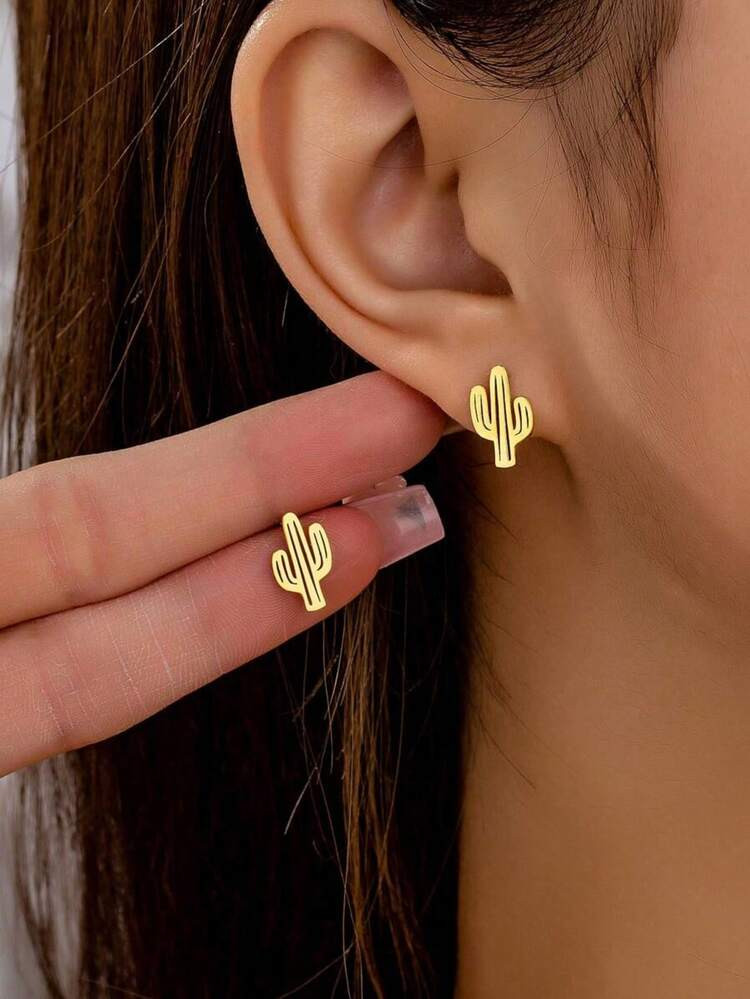 1 Pair Fashionable Stainless Steel Earrings, Desert Cactus Fashionable Stud Earrings, Classic And... | SHEIN