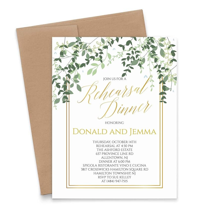 Elegant Greenery Rehearsal Dinner Invitation, Gold Rehearsal Dinner Party Invites Personalized, Y... | Amazon (US)