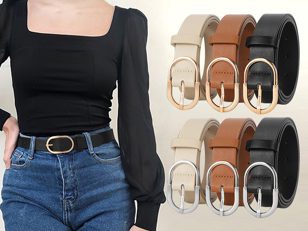 VONMELLI 3 Pack Women's Belts for Jeans Pants Fashion Gold Buckle Ladies Dress Belt | Amazon (US)