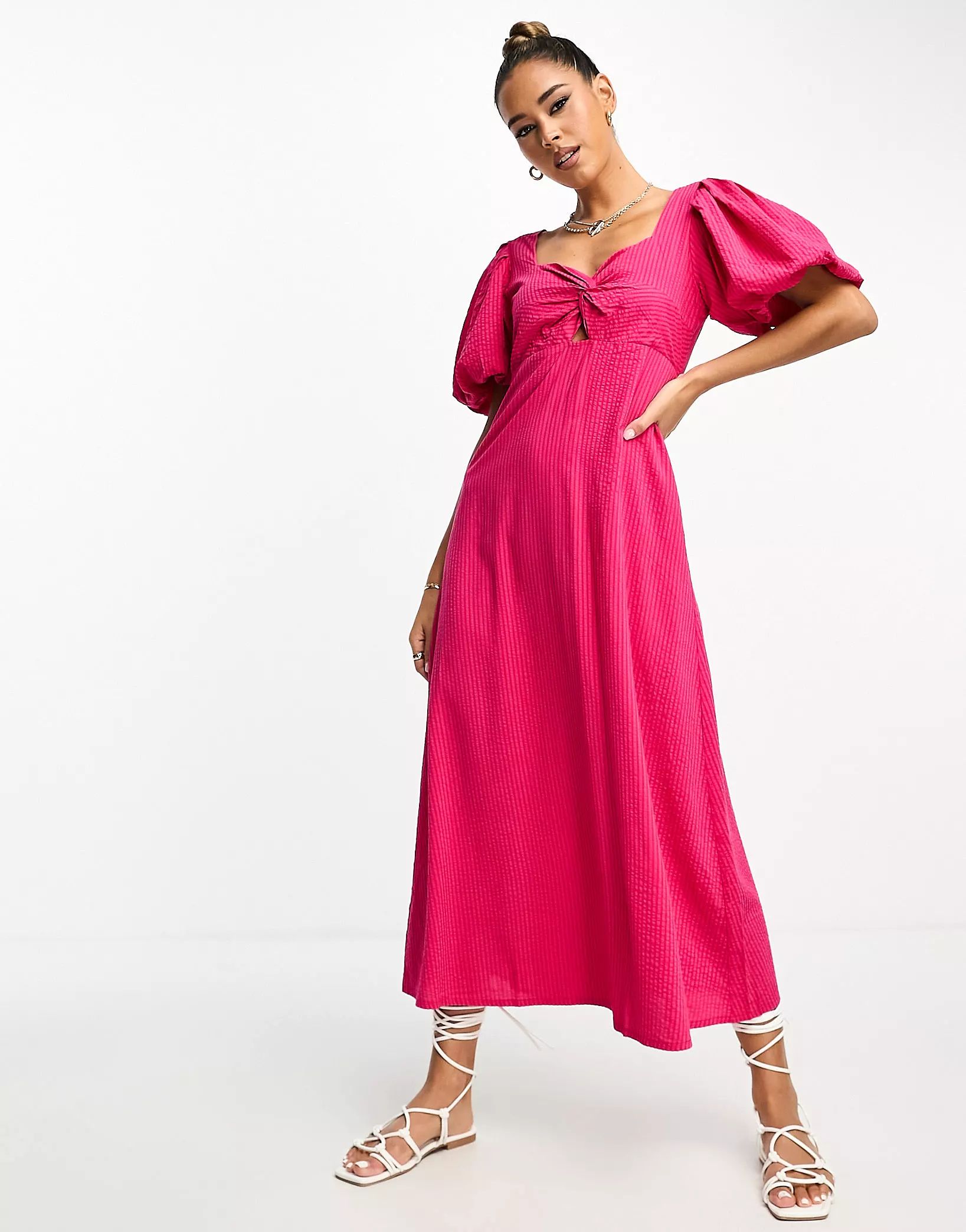 Mango puff sleeve twist front midi dress in pink | ASOS (Global)