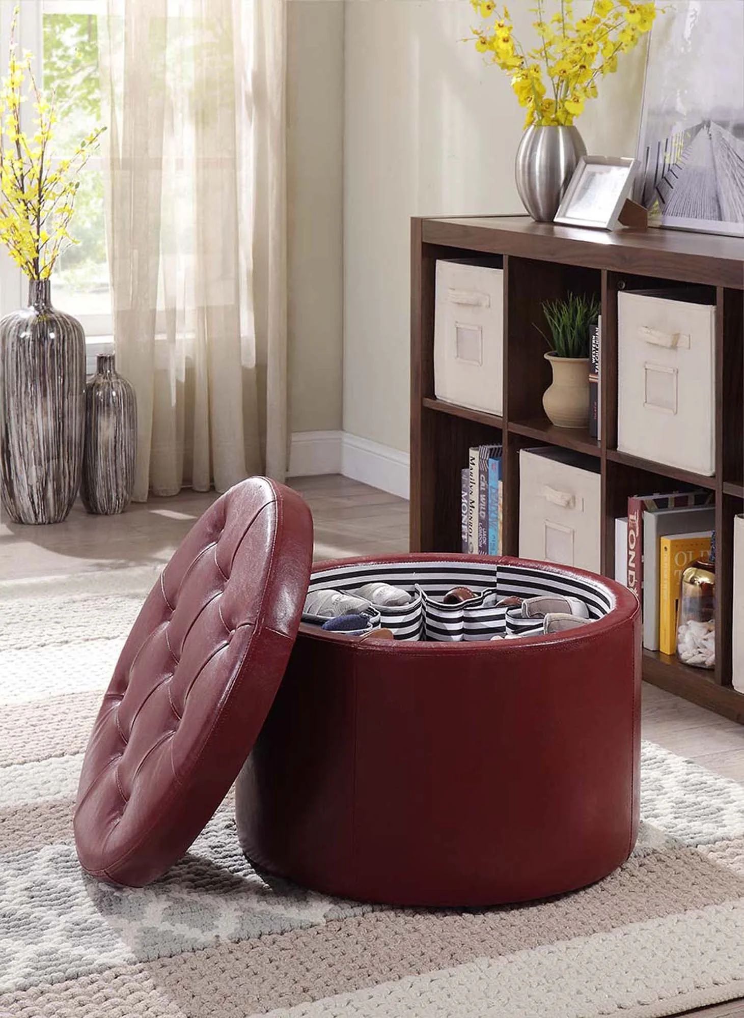 Convenience Concepts Designs4Comfort Round Shoe Ottoman, Burgandy | Walmart (US)