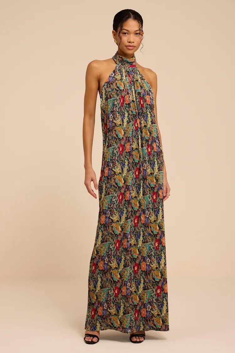 Marta Multi Floral Pleated Backless Maxi Dress | Lulus