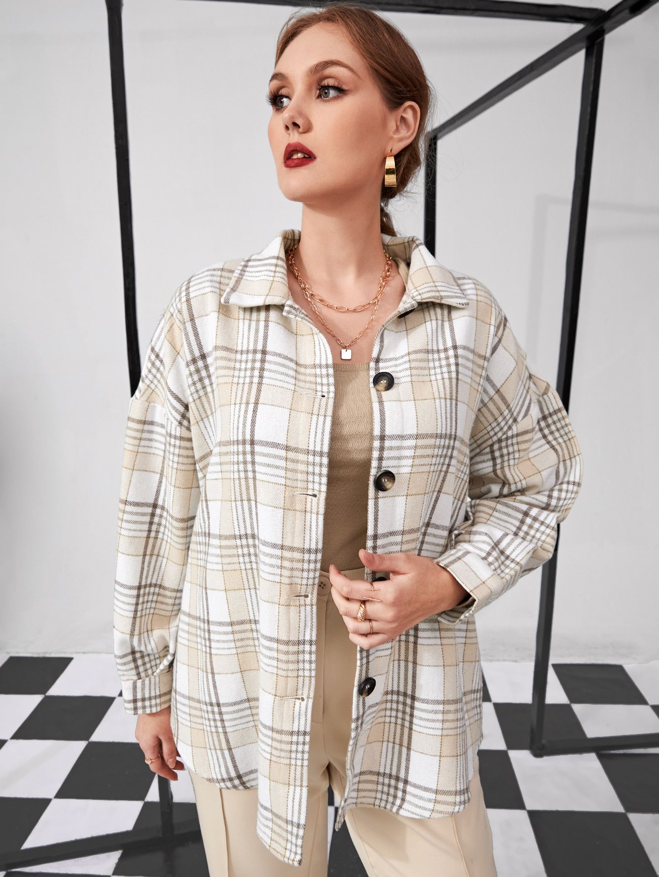 SHEIN Plus Plaid Print Drop Shoulder Button Up Coat | SHEIN