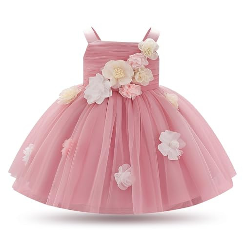 FYMNSI Flower Dress for Girls 1st 2nd Birthday Outfit Toddler Baby Wedding Guest 3D Flower Ruffle Tulle Tutu Dress Princess Pageant Formal Tea Party Bridesmaid Prom Gown Sundress Dusty Pink 2-3T | Amazon (US)