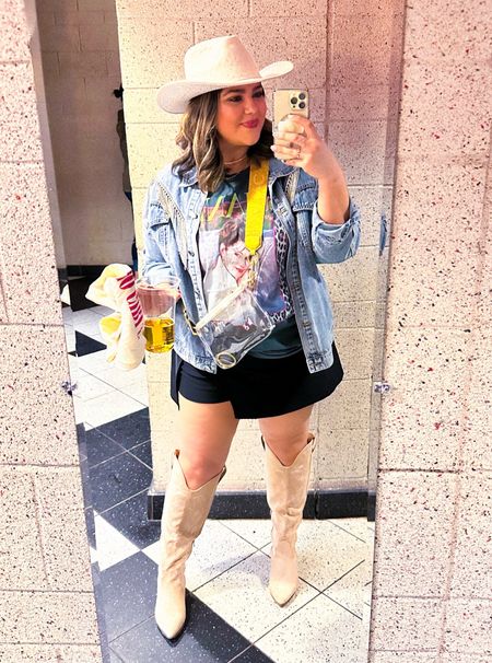 Shania Twain country concert outfit 
Denim fringe jacket
Black skirt
Graphic tee
Bedazzled western hat 
Plus size style 

#LTKstyletip #LTKplussize #LTKfindsunder100