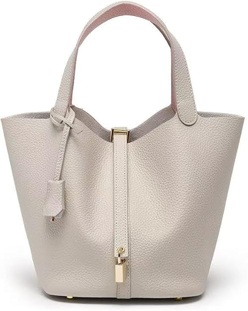 Genuine Leather Bucket Bag for Women, Lock Design Handbags Vegetable Basket, Shoulder Handbag Sat... | Amazon (US)