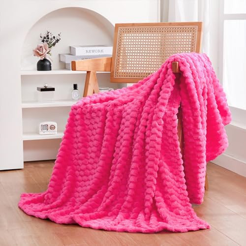 Puncuntex Hot Pink Throw Blanket 50"×60" inches Gifts for Mom Fuzzy 3D Jacquard Decorative Flannel Fleece Super Soft Plush Cozy Blanket for Couch Sofa Chair Lightweight | Amazon (US)