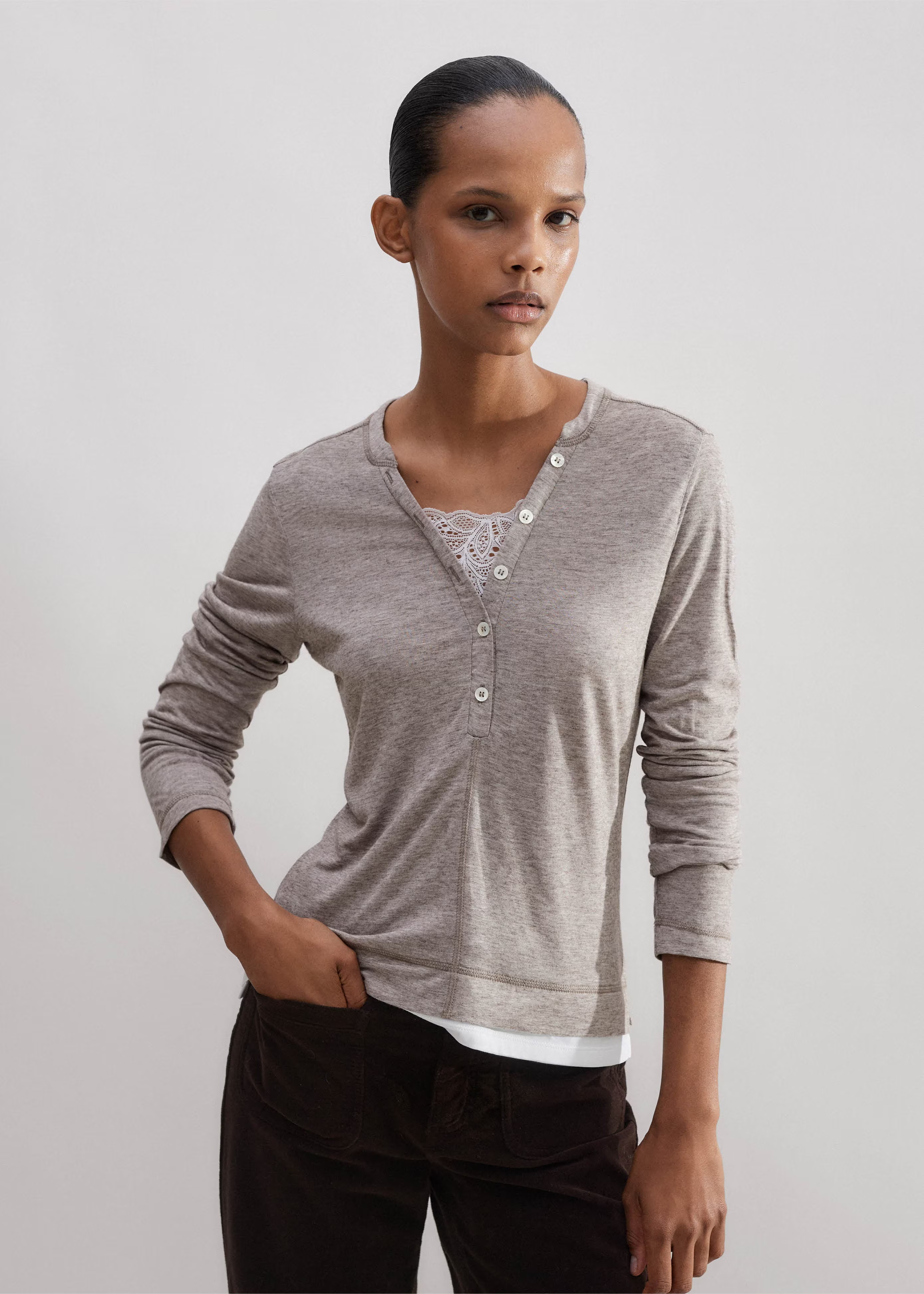 Women's Brown Double-Layer Lace Trim Long Sleeve Top | ME+EM | ME+EM US