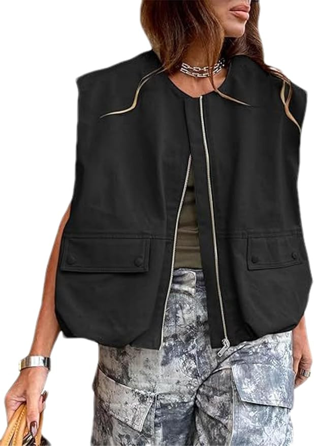 Womens Casual Zip Up Cargo Vest Top Oversized Lightweight Ruched Hem Sleeveless Blazer Jackets Ve... | Amazon (US)