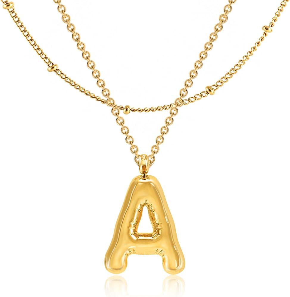 Bubble Letter Necklace Gold - Initial Necklaces for Women Girls 18K Gold Plated, Dainty Letter Go... | Amazon (US)