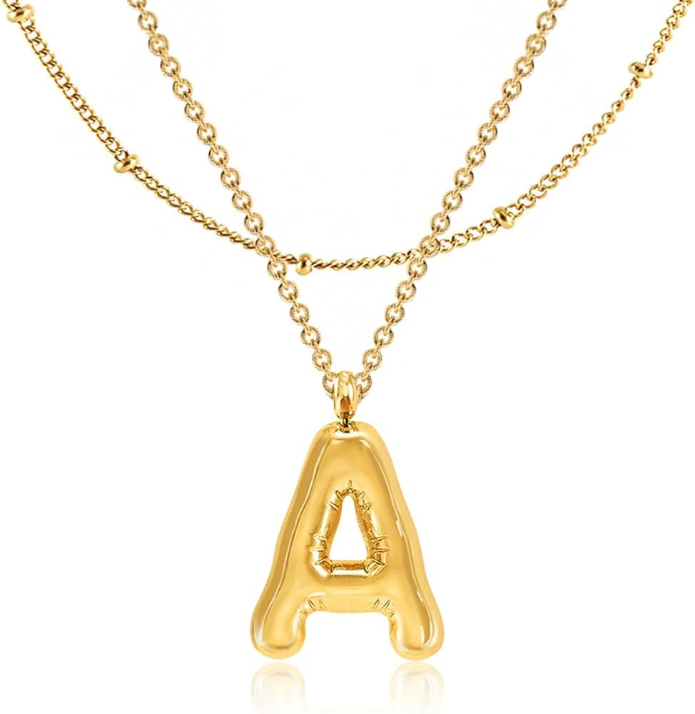 Bubble Letter Necklace Gold - Initial Necklaces for Women Girls 18K Gold Plated, Dainty Letter Go... | Amazon (US)
