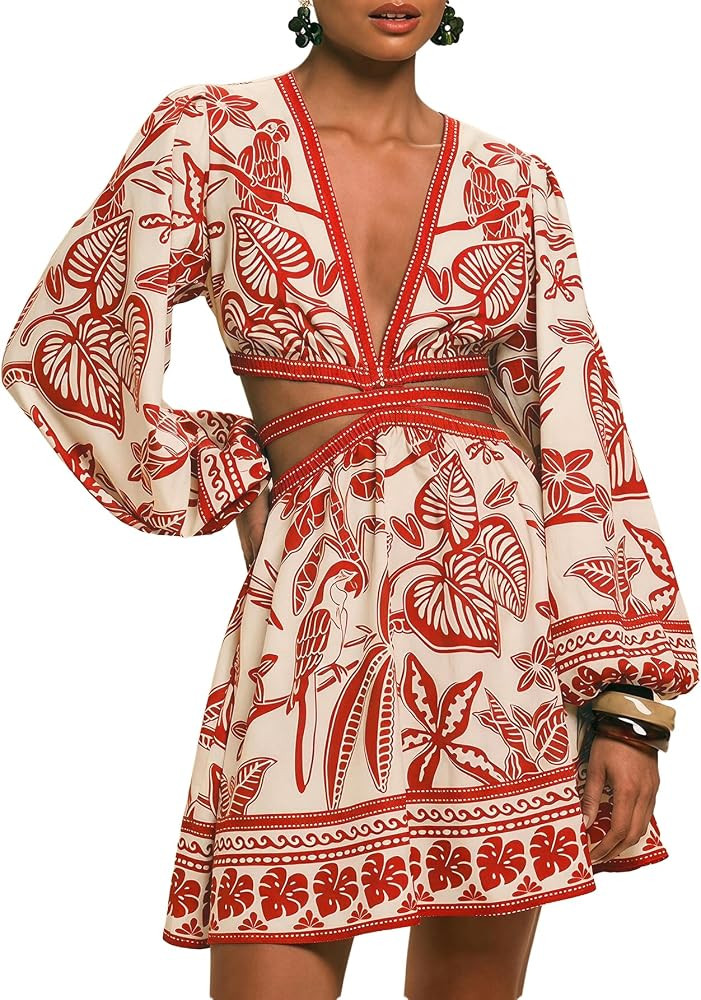 Floerns Women's Tropical Bishop Sleeve Mini Dress Cut Out Tie Back V Neck Beach A Line Dresses | Amazon (US)