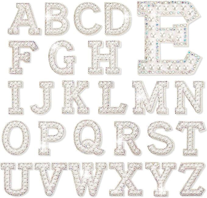 26 Piece Pearl Iron on Letter A-z White Rhinestone Pearl Bling Letter Patch Glitter Sew on Alphab... | Amazon (US)