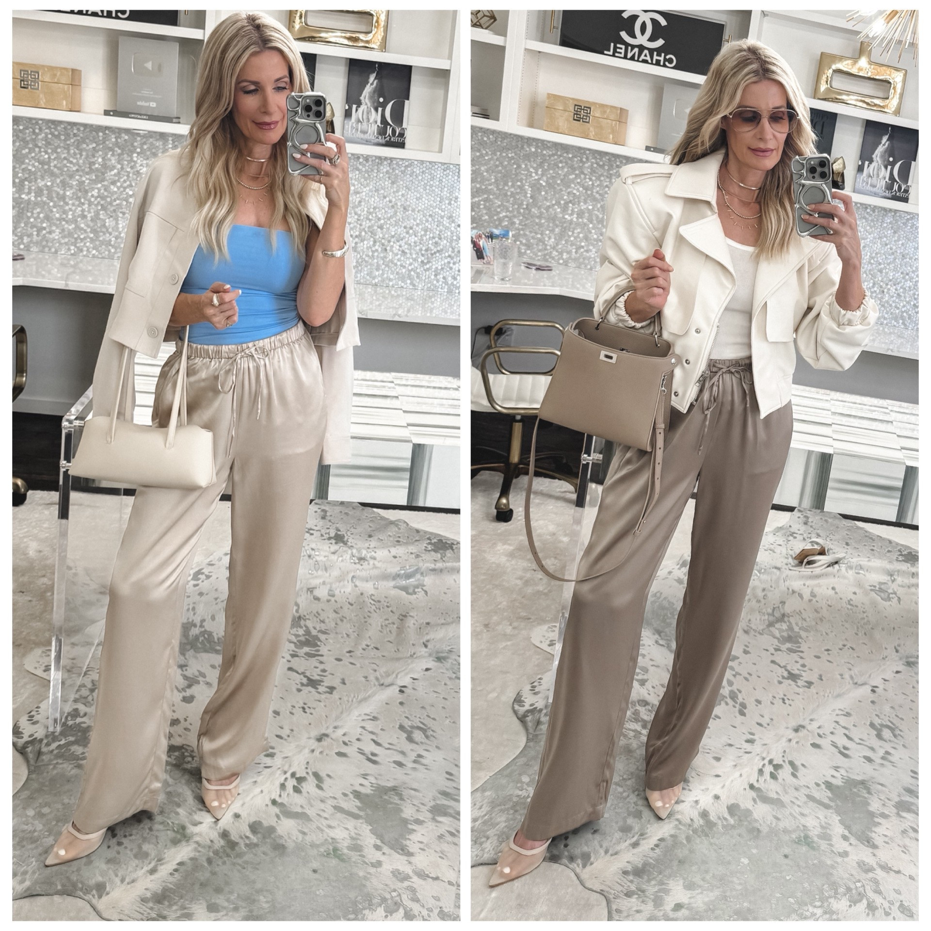 These Quince washable silk pants are so chic, comfortable, and easy to dress up or down for summer! I love them in both gorgeous colors styled with an ivory jacket, simple tanks, pointed-toe heels, and polished handbags for an elevated date night or girls’ night out look. They’re flowy, flattering, and have an easy elastic waist. I’m wearing an XS in the pants. #QuinceStyle #WashableSilk #SilkPants #LTKOver40 

 #LTKootd #LTKSeasonal #LTKOver40