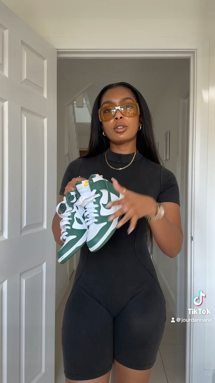 Summer outfit, green nike trainers, Huda beauty perfume, yellow sunglasses, black unitard, one piece, spring styling 

#LTKstyletip #LTKspring #LTKuk