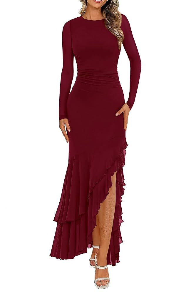 BTFBM Women's Maxi Dresses Fall 2025 Long Sleeve Ruched Bodycon Solid Ruffle Mermaid Cocktail Wed... | Amazon (US)