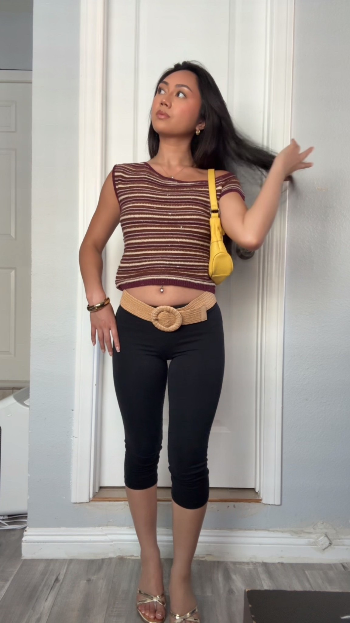 MOTEL: Tamia Off Shoulder Top In Shimmer Stripe Knit Rust