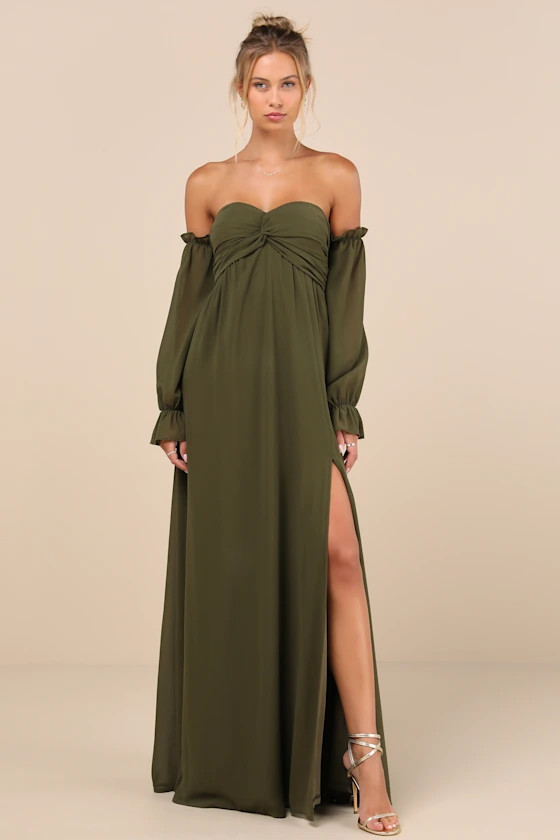 Glorious Invite Olive Green Knotted Off-the-Shoulder Maxi Dress | Lulus