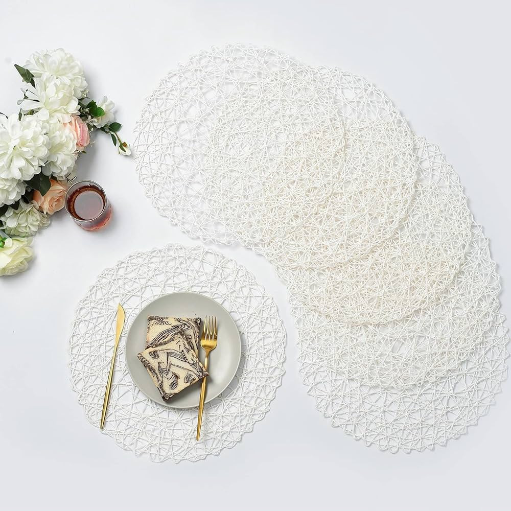 IcosaMro White Round Placemats Set of 6 for Dining Table, 15 Inch Paper Woven Boho Decorative Cir... | Amazon (US)