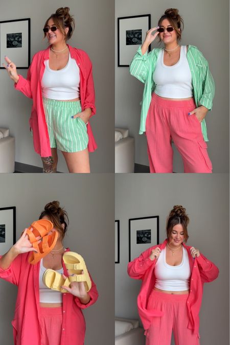 Summer matching sets and vacation outfits! Casual colorful outfits for beach trips 🍉🍊✨🧡☀️ wearing large (tall) bottoms and XL tips for a baggy fit! 

#LTKMidsize #LTKStyleTip #LTKTravel