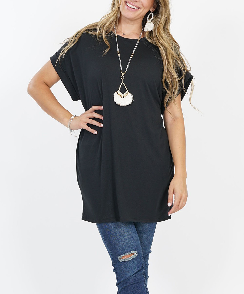 42POPS Women's Tunics Black - Black Short-Sleeve Waist-Tie Tunic - Plus | Zulily