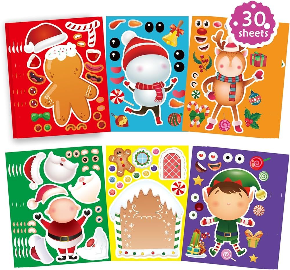 30 Sheets Christmas Stickers for Kids, Christmas Make a Face Stickers Make Your Own Gingerbread M... | Amazon (US)