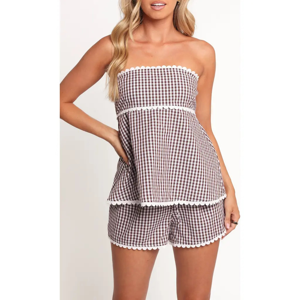 Petal & Pup Kyle Gingham Strapless Top & Shorts Set in Chocolate Gingham at Nordstrom, Size Small | Nordstrom
