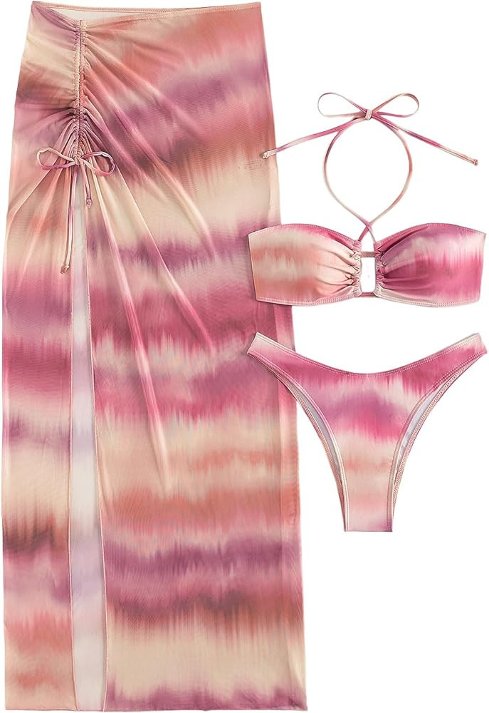 Amazon.com: COZYEASE Women's Tie Dye 3 Piece Bikini Set Criss Cross Halter Drawstring Beachwear W... | Amazon (US)