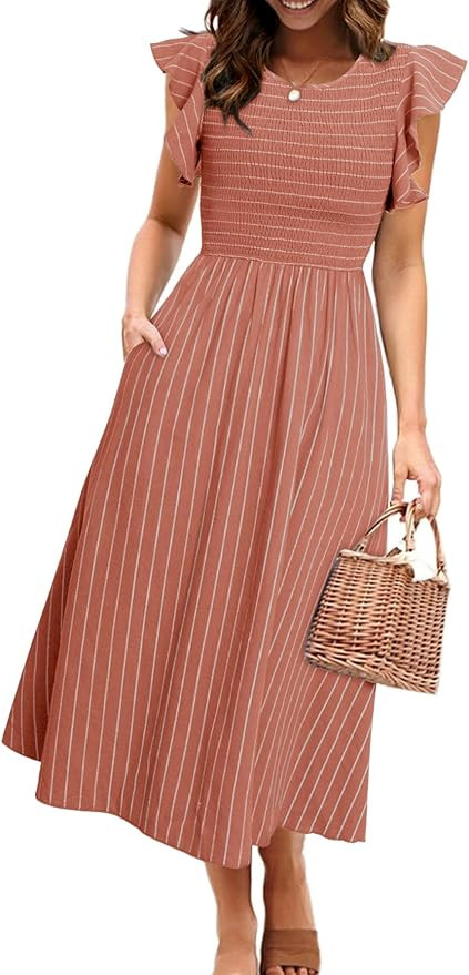 Simplee Womens Striped Midi Summer Dress Linen Smocked Flutter Short Sleeve Dress Flowy Casual Dr... | Amazon (US)