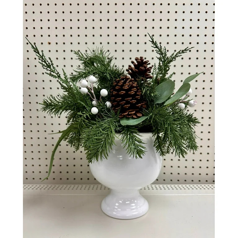 Greenery, Berries, and Pinecones Arrangement in White Ceramic Pot Christmas Tabletop Decoration, ... | Walmart (US)