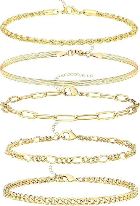Adjustable Gold Bracelets Set for Women Stackables - 6.5"+ 2" Extender - 14k Gold Plated - Dainty | Amazon (US)
