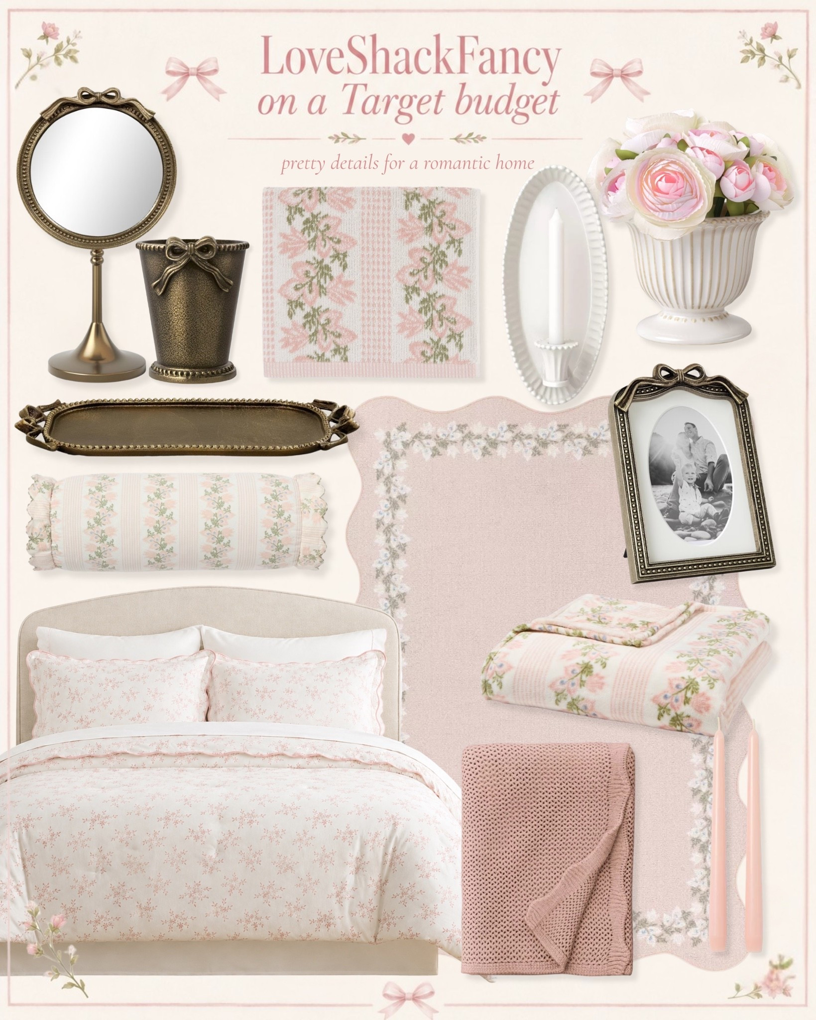 Target did it again and this new collection is SO pretty 🎀 Think LoveShackFancy-inspired home decor on a Target budget — soft pink florals, scalloped edges, bow details, vintage-inspired frames, pretty mirrors, floral bedding, romantic quilts, candles, trays, and the sweetest cottagecore accents. I’m obsessed with how feminine and high-end everything looks for the price. Perfect for a romantic bedroom refresh, girly guest room, grandmillennial home decor, coquette bedroom styling, soft pink home finds, affordable Target decor, floral bedding, and pretty spring and summer home decor

#LTKHome
