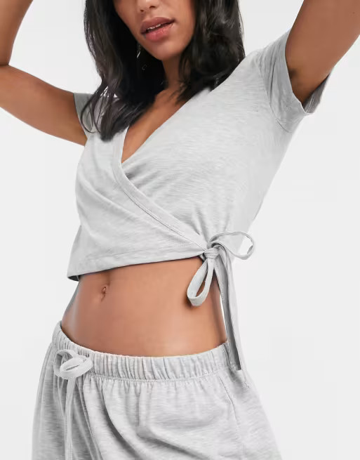 ASOS DESIGN mix & match wrap front jersey pajama top in gray marl | ASOS (Global)