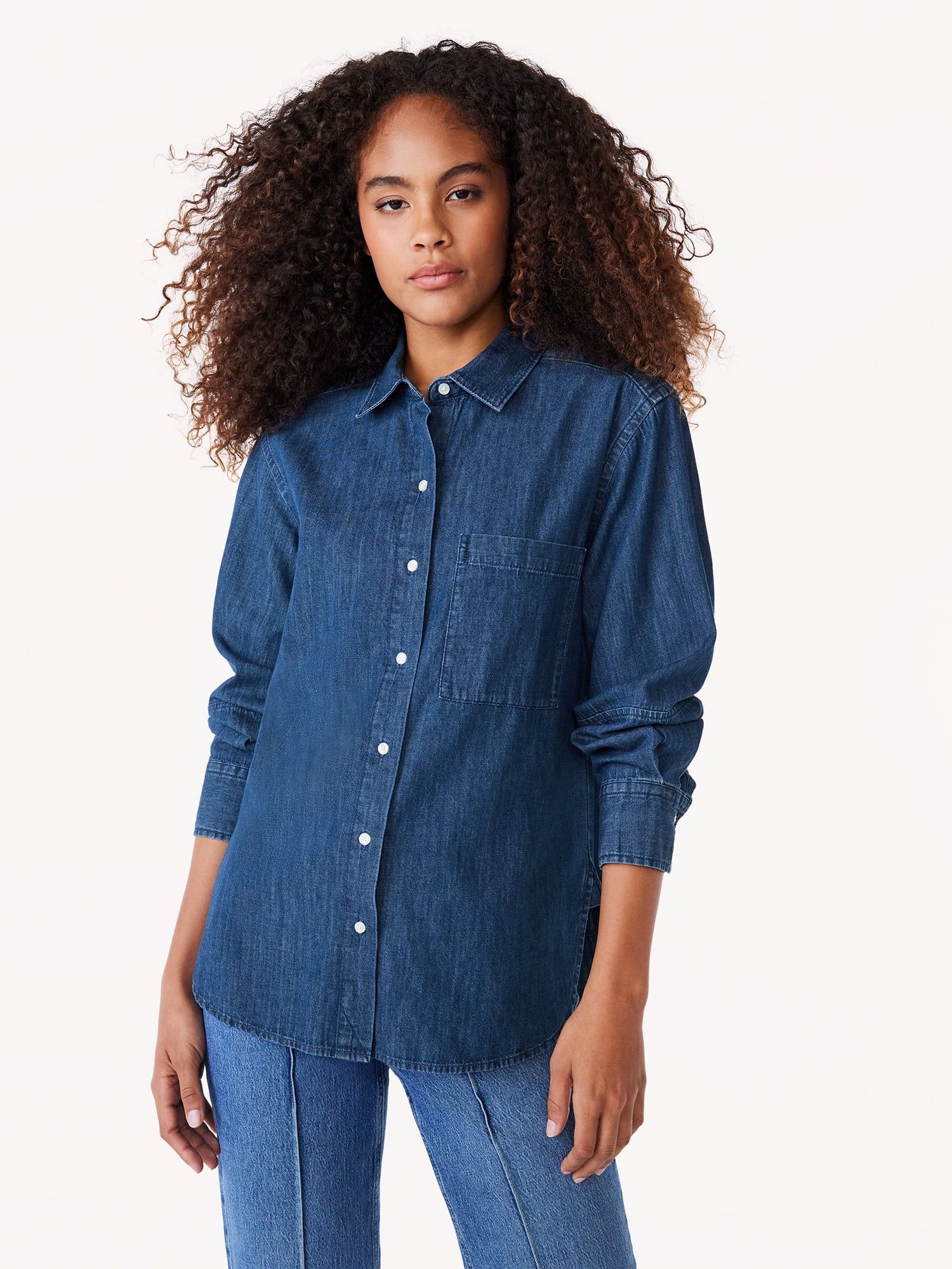 Free Assembly Women's Boxy Tunic Denim Shirt with Long Sleeves, Sizes XS-XXL | Walmart (US)