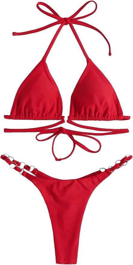 Milumia Women's 2 Piece Halter Swimsuits Tie Back Ring Linked Triangle Bikini Sets | Amazon (US)