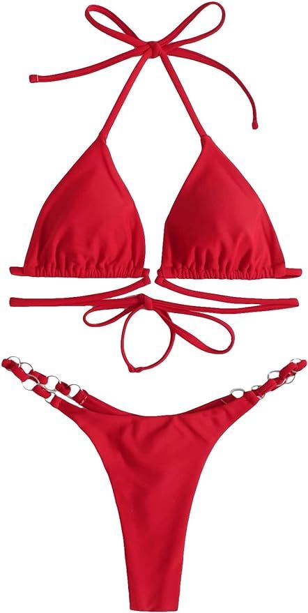 Milumia Women's 2 Piece Halter Swimsuits Tie Back Ring Linked Triangle Bikini Sets | Amazon (US)