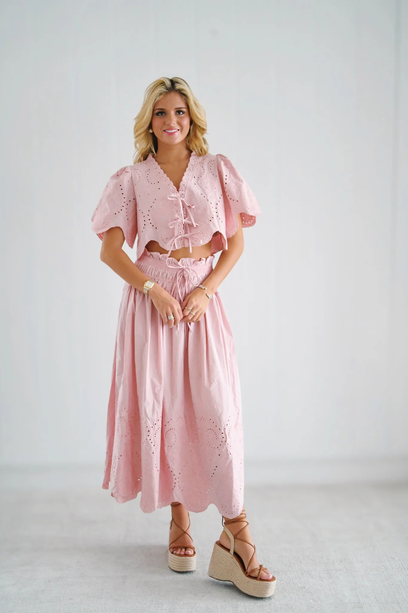 Margot Eyelet Tie Blouse-Pink Large | Fancyd Boutiqe