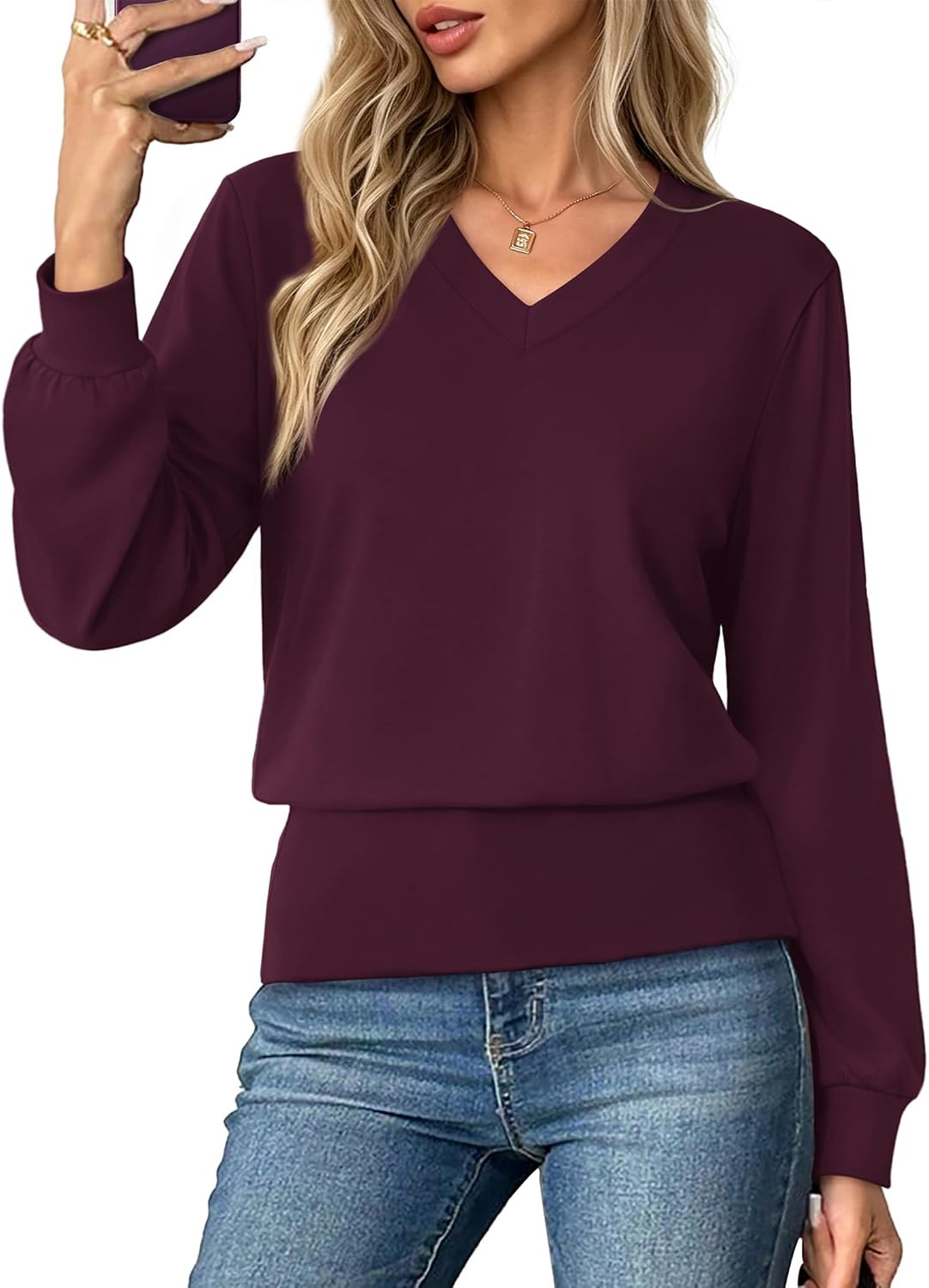 OFEEFAN Long Sleeve Shirts for Women Fall Tops 2026 V Neck Elastic Waist | Amazon (US)