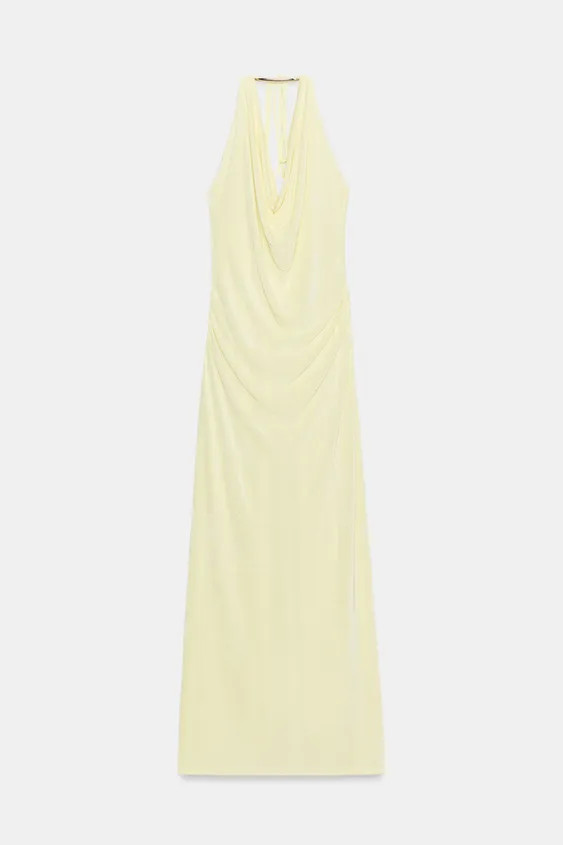 Long halterneck dress with a draped neckline. Featuring side ruching, metal appliqu\u00e9 and mat... | Zara UK